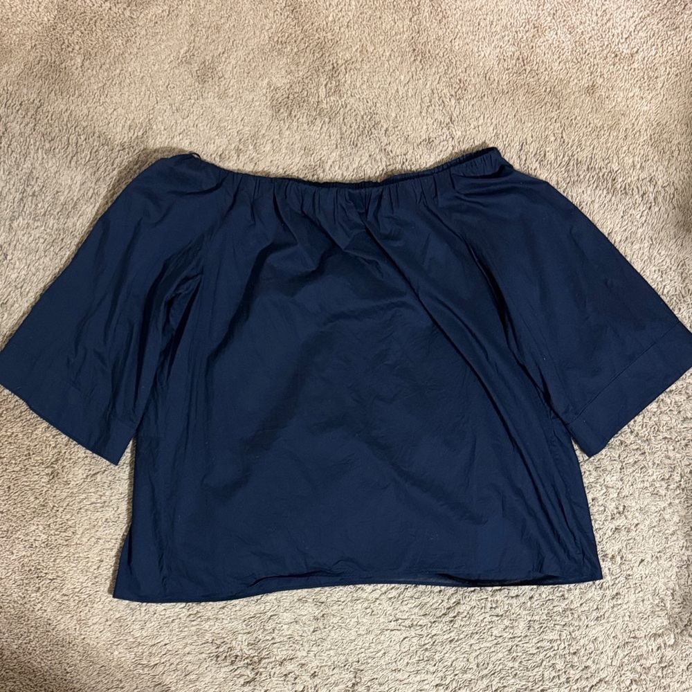 COS Off the Shoulder Top Navy Cotton 3/4 Sleeve Size L Nautical Coastal Vacation